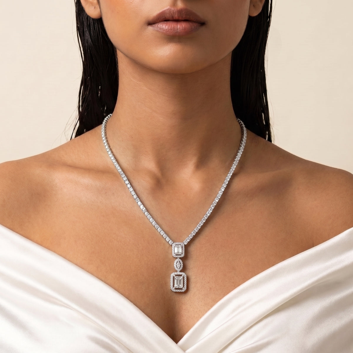 Astoria Emerald Cut Diamond Pendant Necklace Set