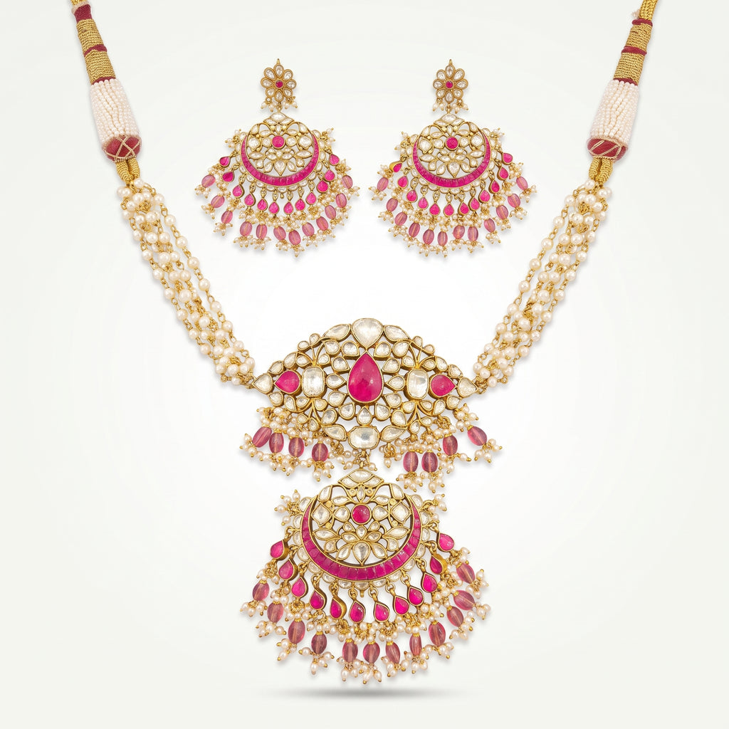 Rani Kundan Pearl Chandbali Necklace Set