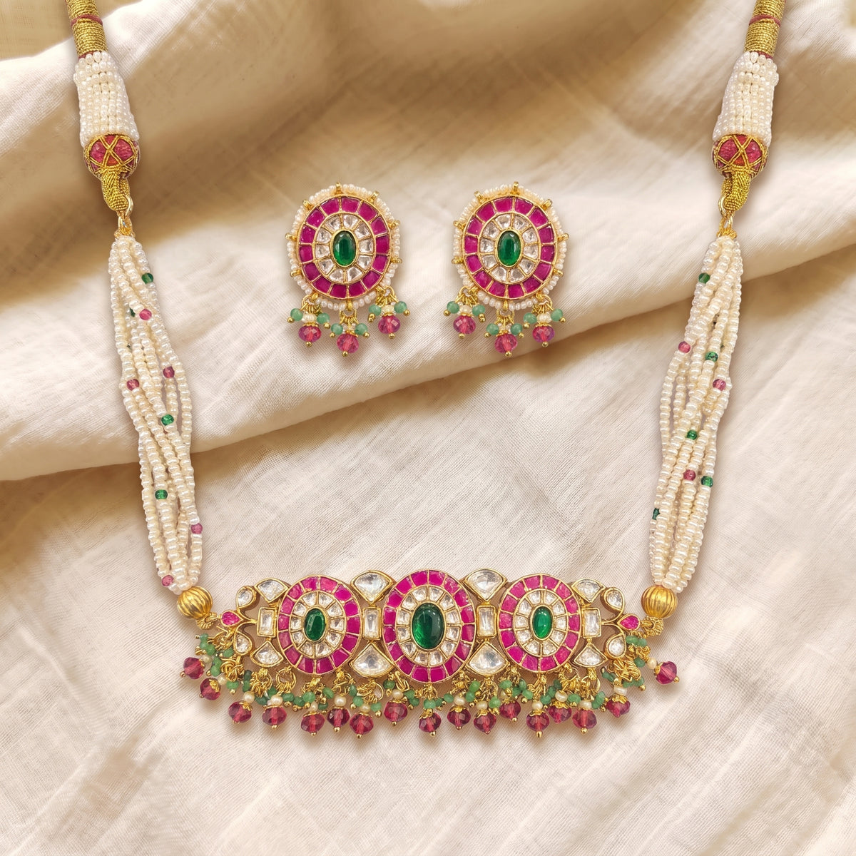Rani Emerald Ruby Kundan Pearl Choker Set