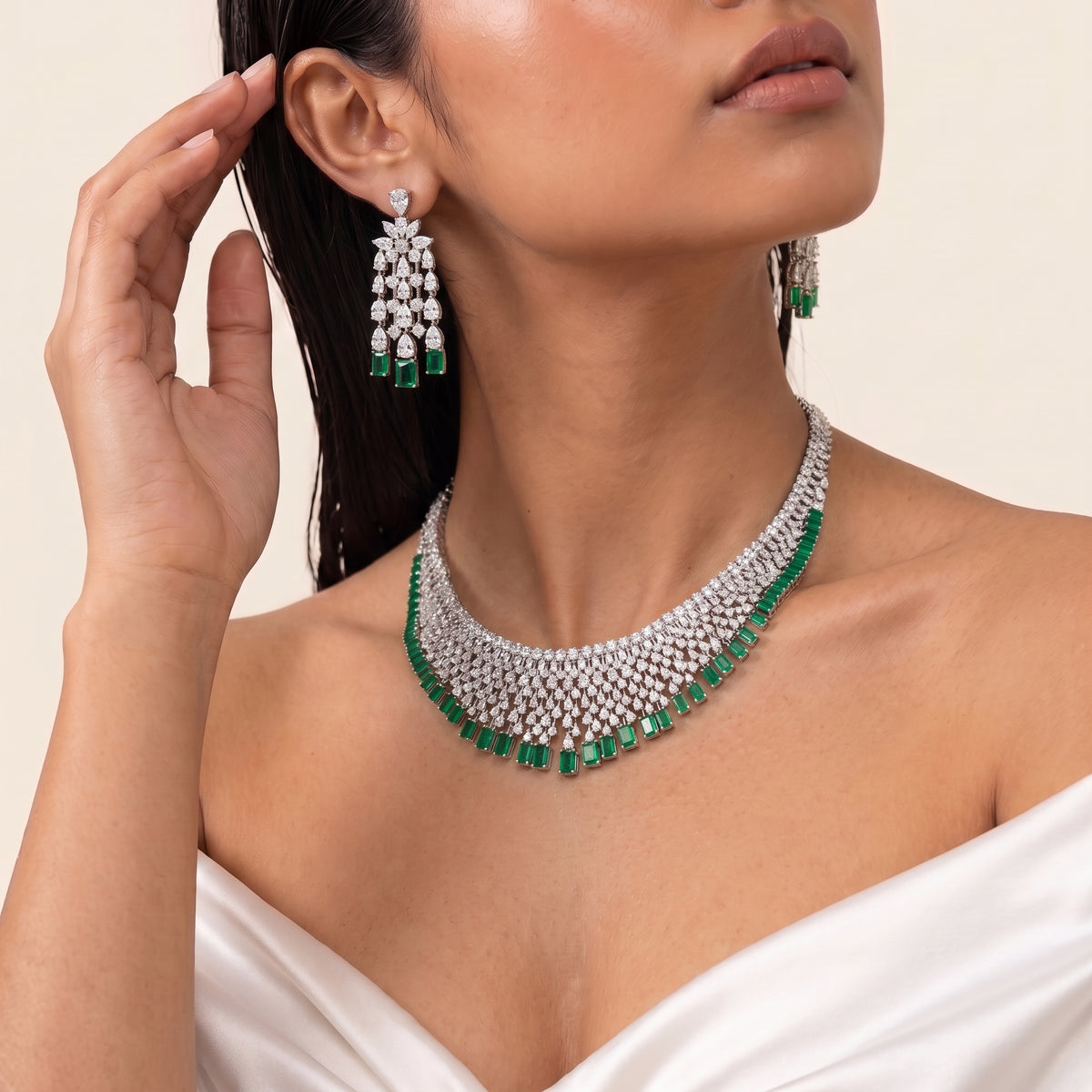Emerald Radiance Diamond Cascade Necklace Set