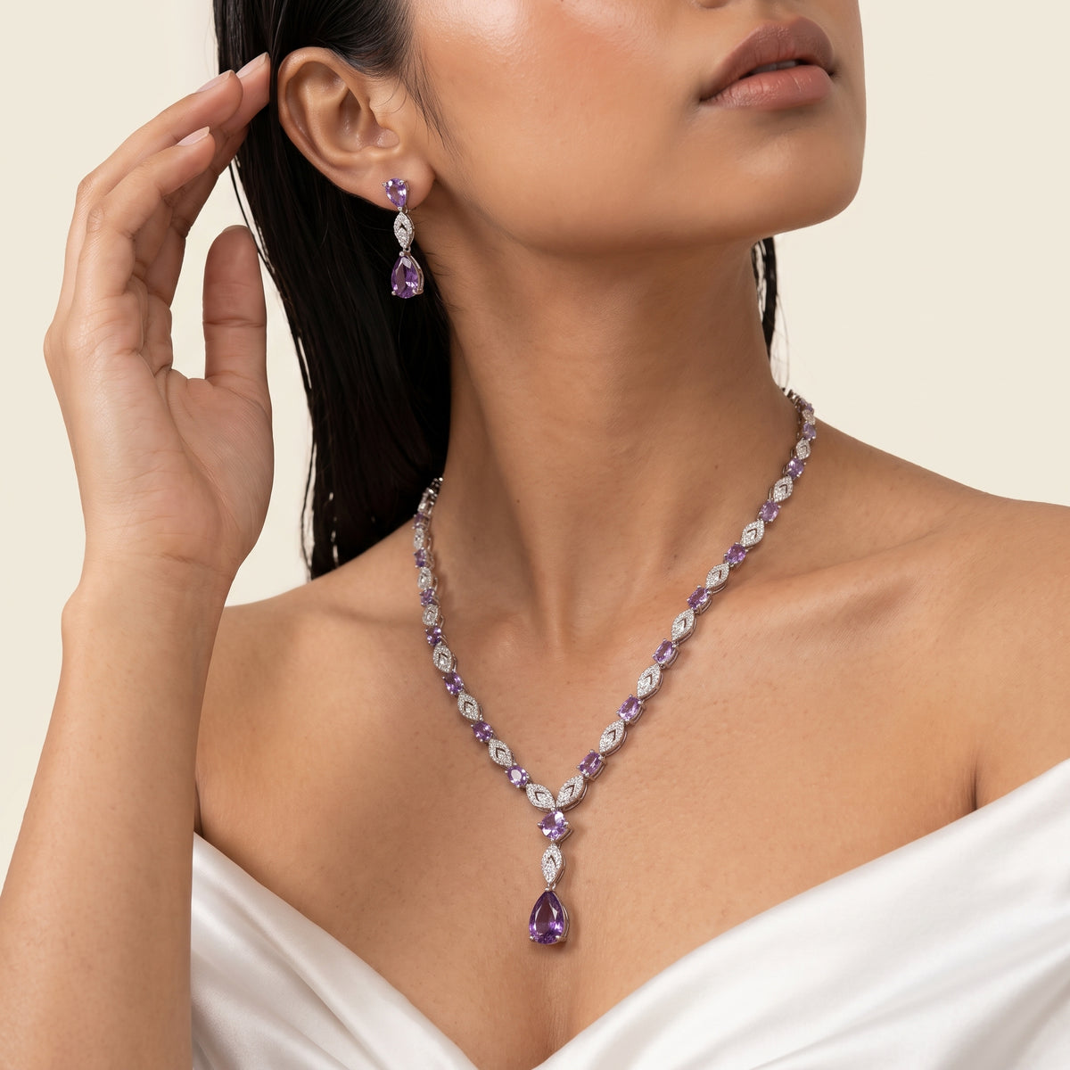 Lavender Amethyst Diamond Marquise Necklace Set