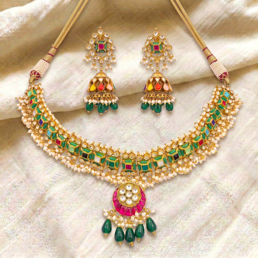Emerald Navratna Kundan Jhumka Choker Set