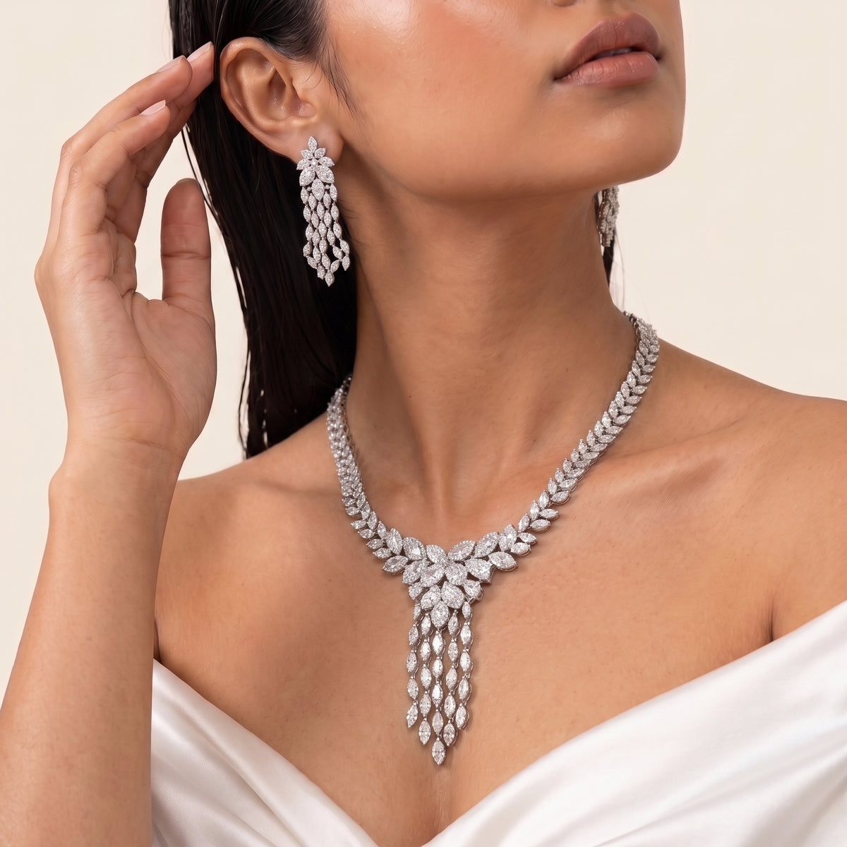 Valencia Diamond Floral Tassel Necklace Set