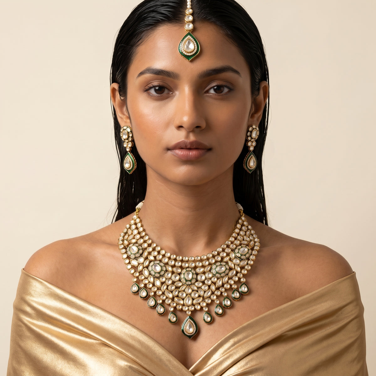 Emerald Kundan Royal Cascade Necklace Set