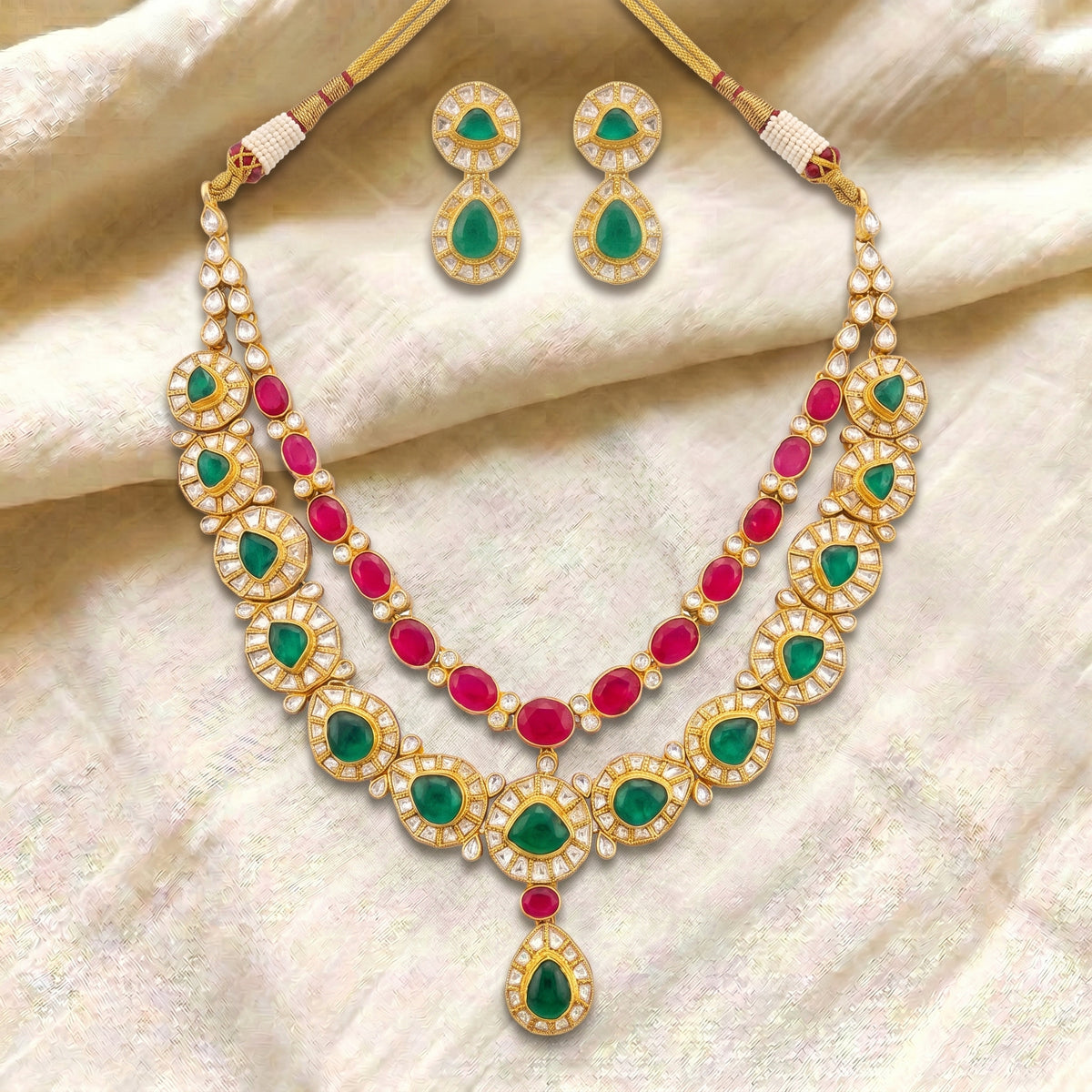 Maharani Ruby Emerald Kundan Layered Necklace Set