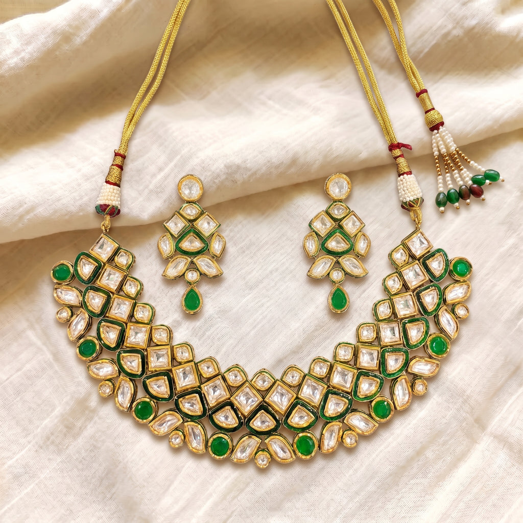 Emerald Kundan Lattice Choker Necklace Set