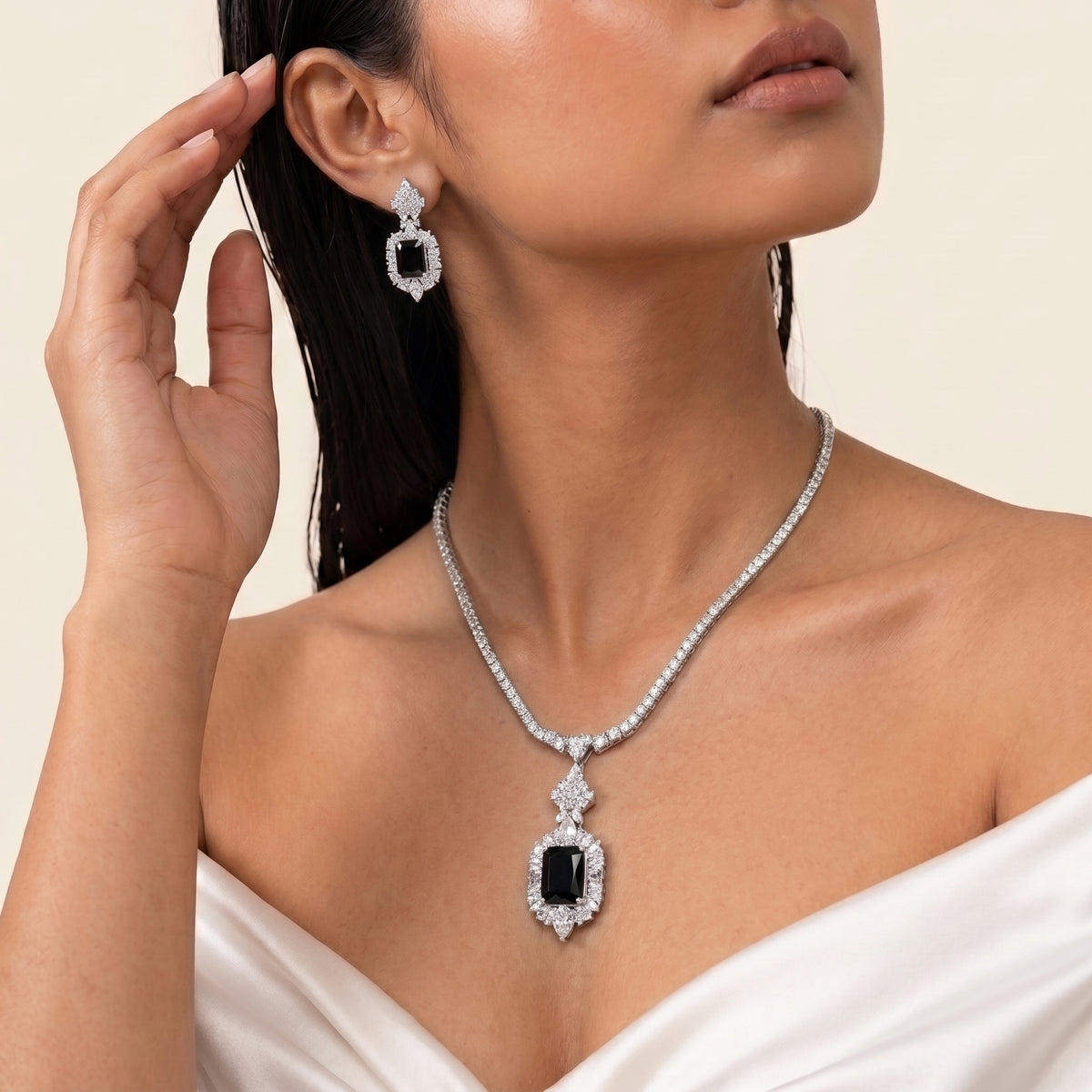 Noir Imperial Black Onyx Diamond Pendant Necklace Set