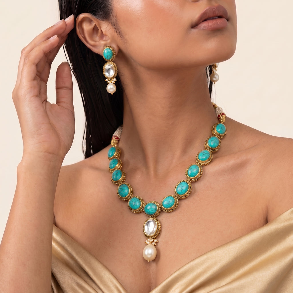 Turquoise Kundan Heritage Pearl Necklace Set