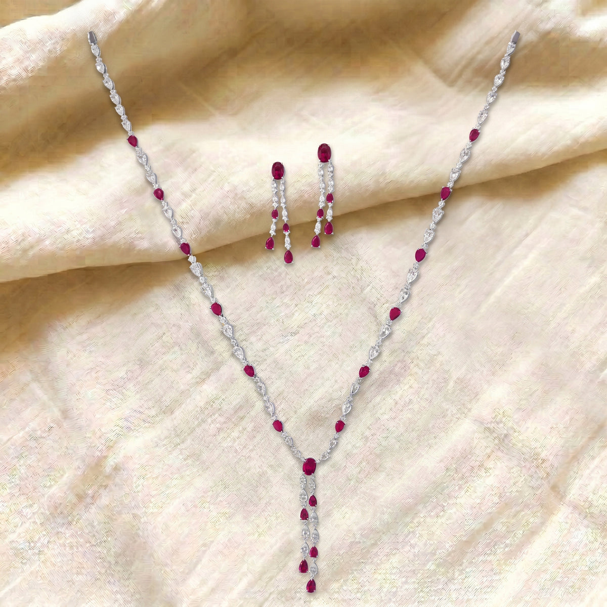 Ruviana Ruby Diamond Tassel Necklace Set