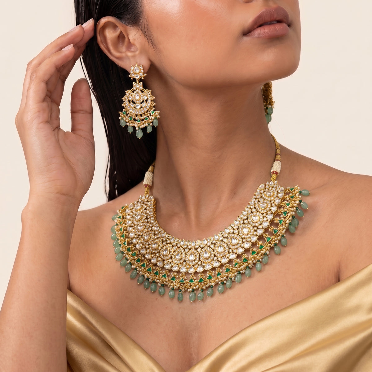 Emerald Kundan Pearl Fringe Bridal Necklace Set
