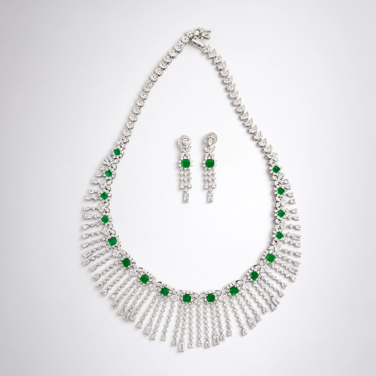 Emerald Elegance Diamond Fringe Necklace Set