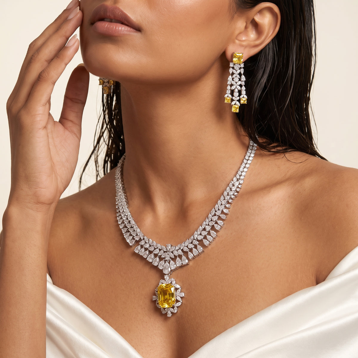 Solara Golden Citrine Diamond Necklace Set