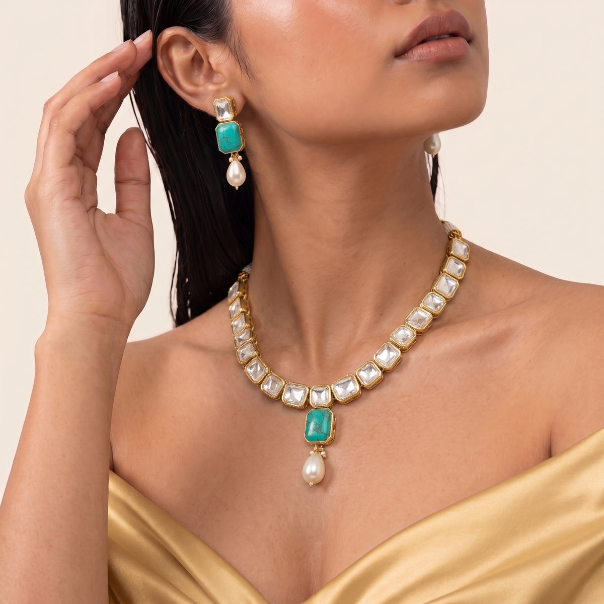 Turquoise Kundan Pearl Drop Necklace Set