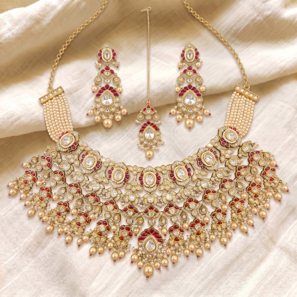 Gulnaar Ruby Kundan Pearl Bridal Necklace Set