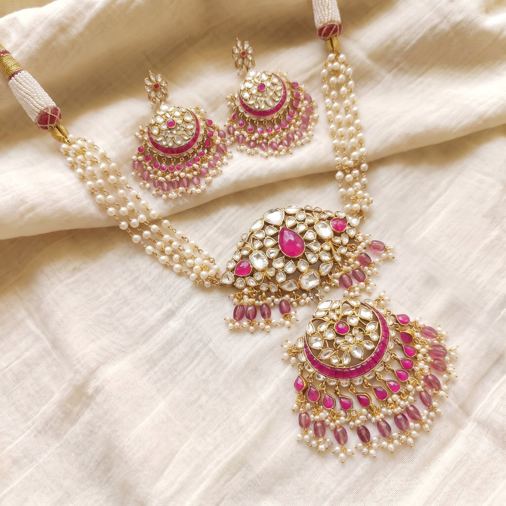 Rani Kundan Pearl Chandbali Necklace Set