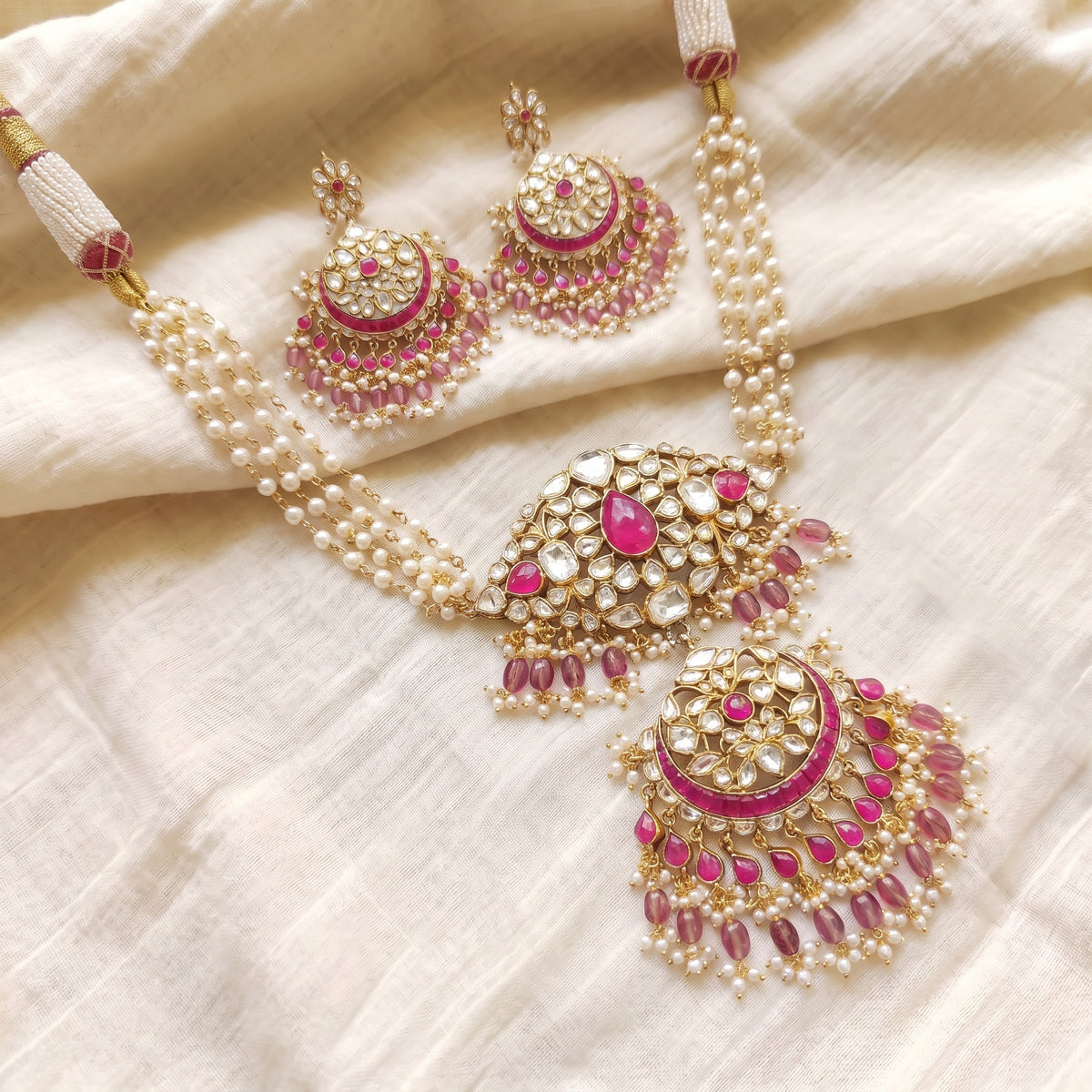 Rani Kundan Pearl Chandbali Necklace Set