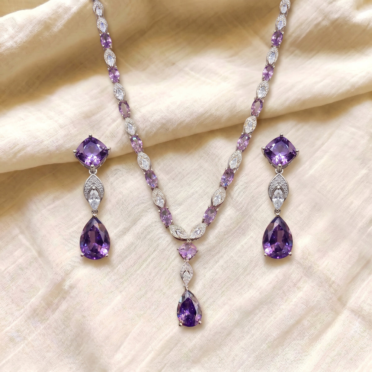 Lavender Amethyst Diamond Marquise Necklace Set