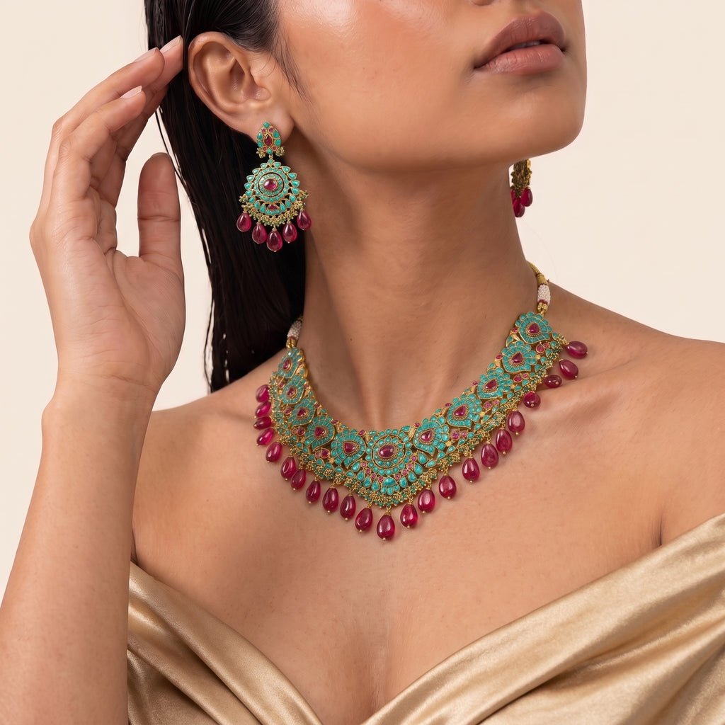 Firoza Ruby Meenakari Heritage Necklace Set