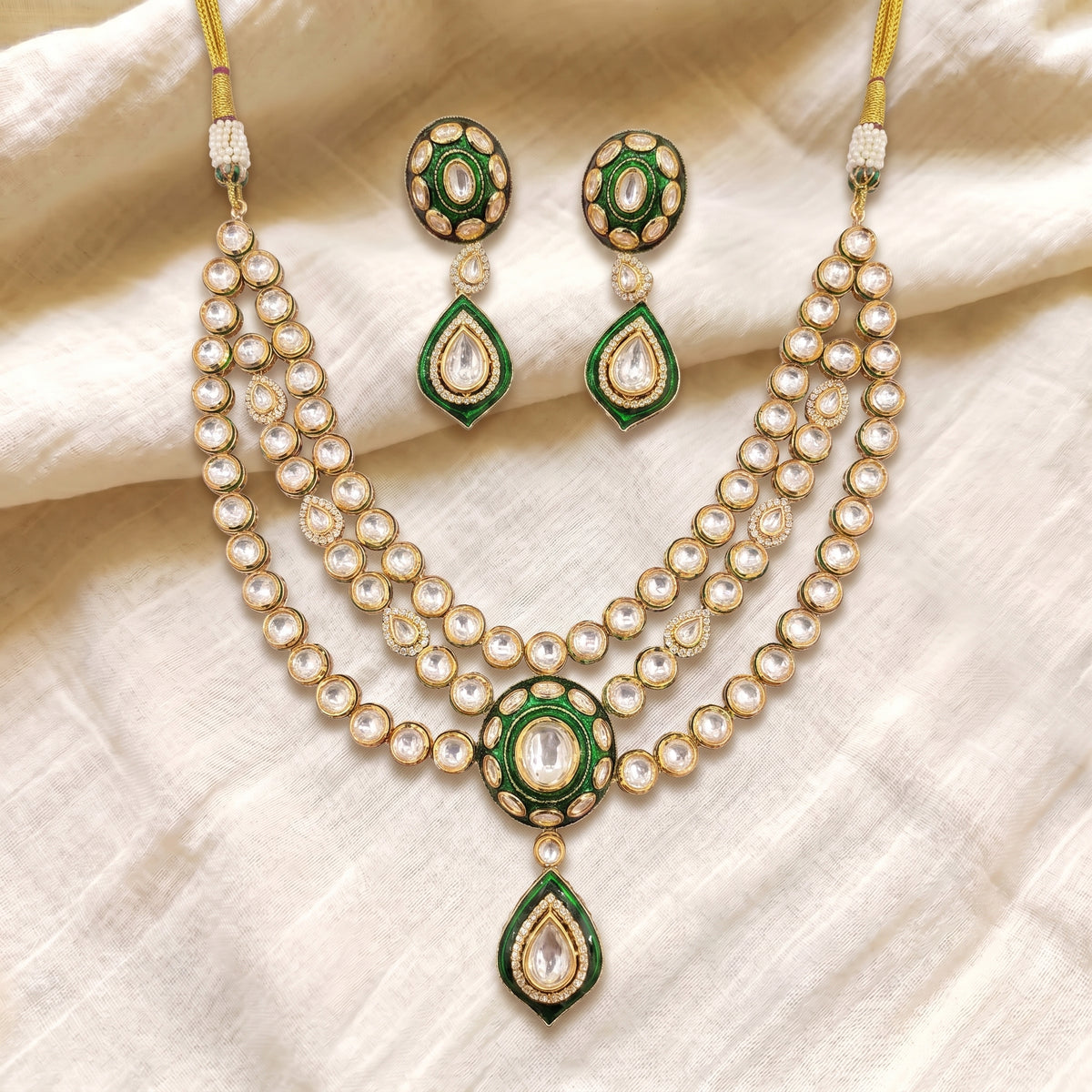 Iraa Emerald Kundan Layered Necklace Set