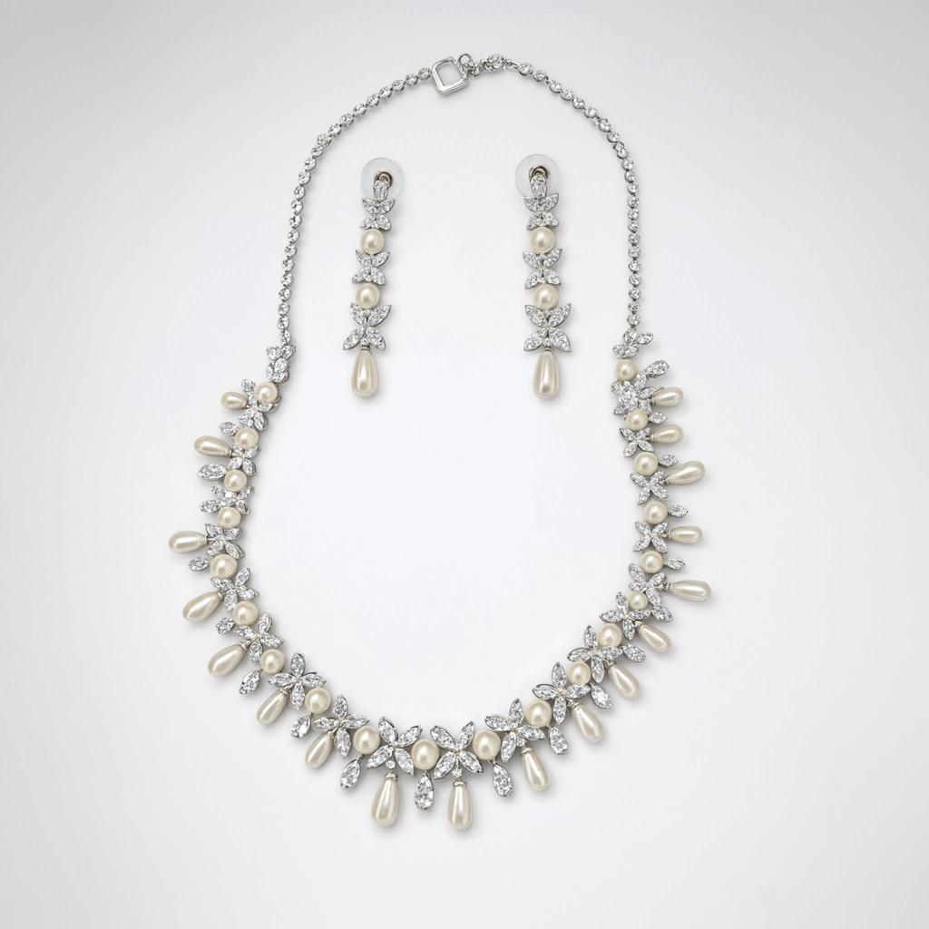 Aurelle Diamond Pearl Cascade Necklace Set