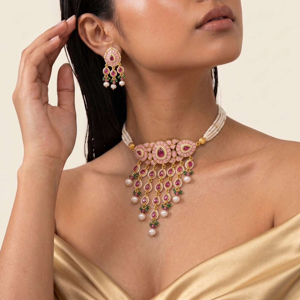 Gulabi Pearl Meenakari Cascade Necklace Set
