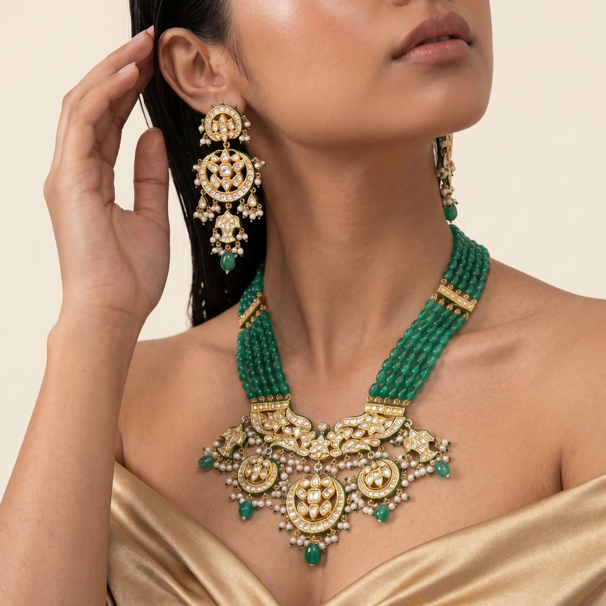 Emerald Green Kundan Meenakari Pearl Cascade Necklace Set
