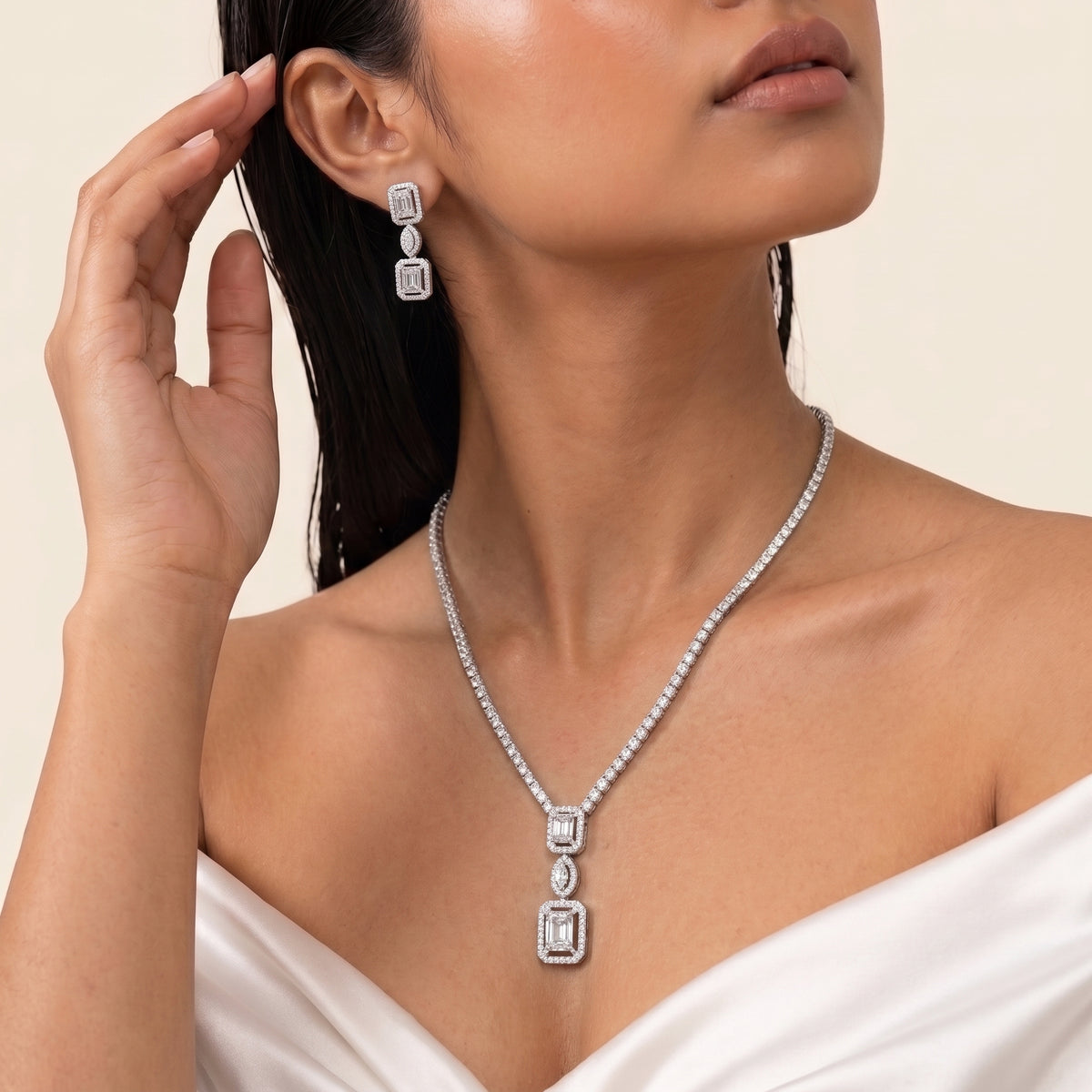 Astoria Emerald Cut Diamond Pendant Necklace Set