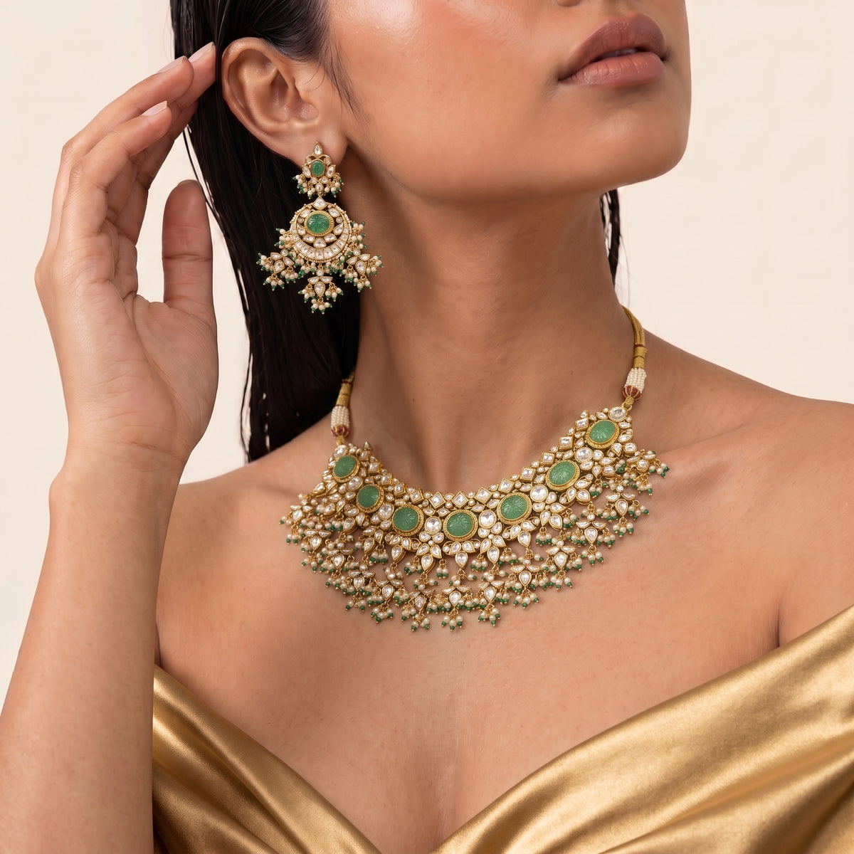 Sage Green Kundan Pearl Bridal Choker Set