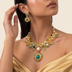 Navratna Kundan Emerald Medallion Necklace Set