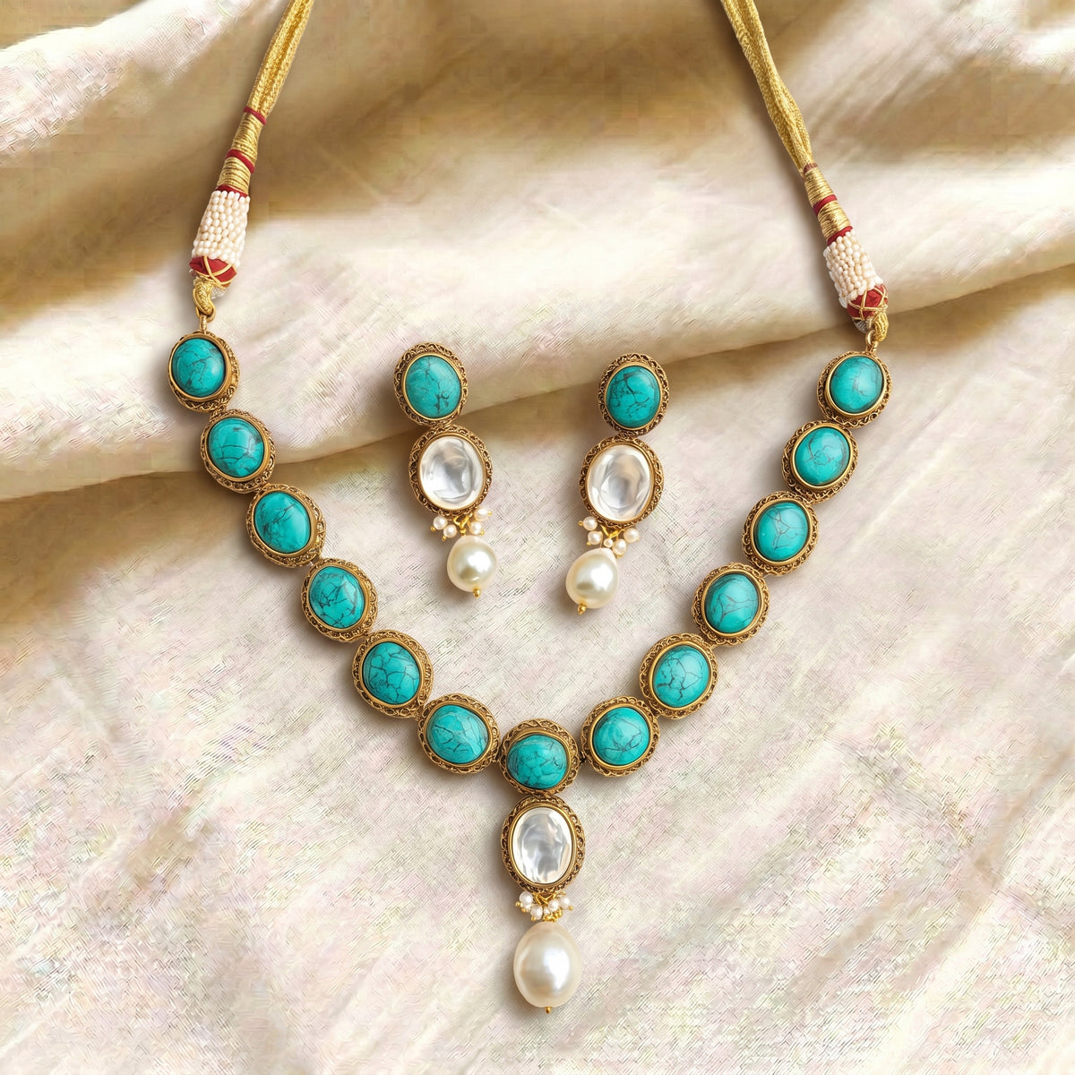 Turquoise Kundan Heritage Pearl Necklace Set