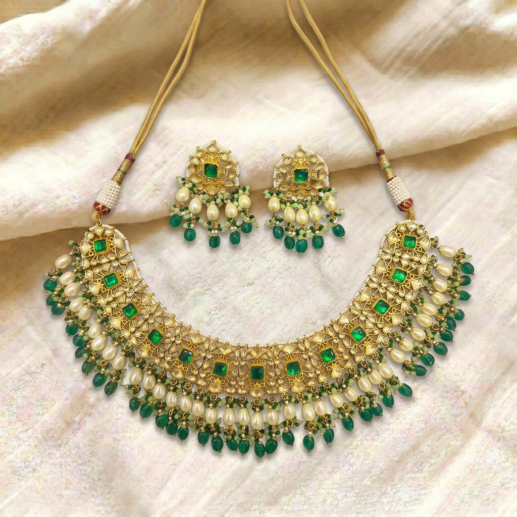 Emerald Kundan Pearl Fringe Heritage Necklace Set
