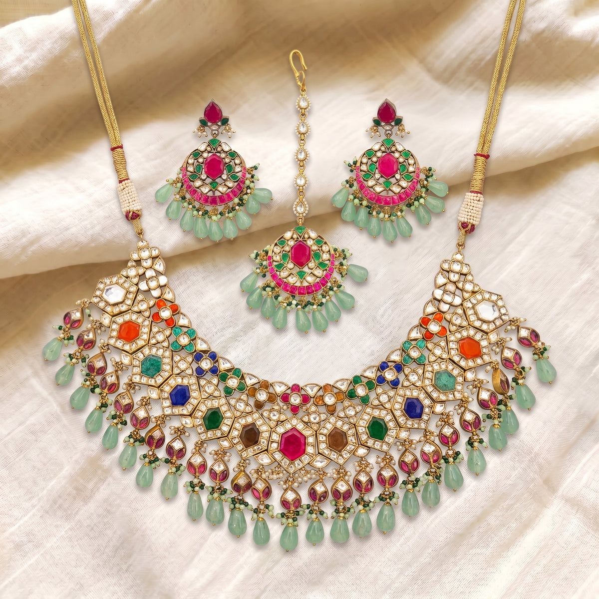 Navratna Kundan Meenakari Bridal Necklace Set
