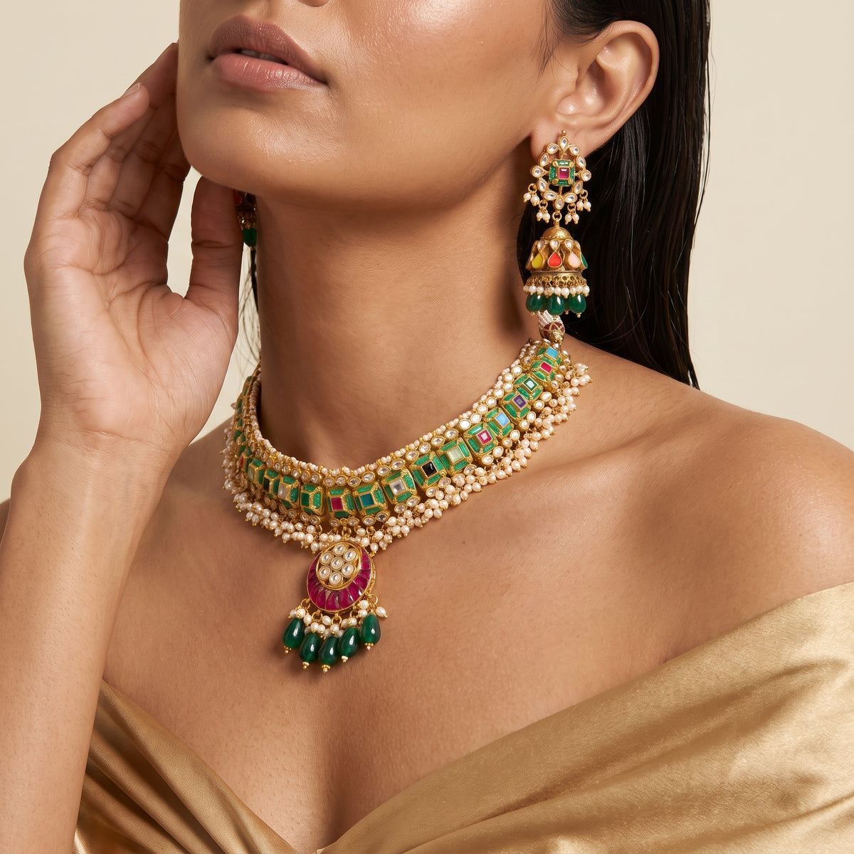 Emerald Navratna Kundan Jhumka Choker Set