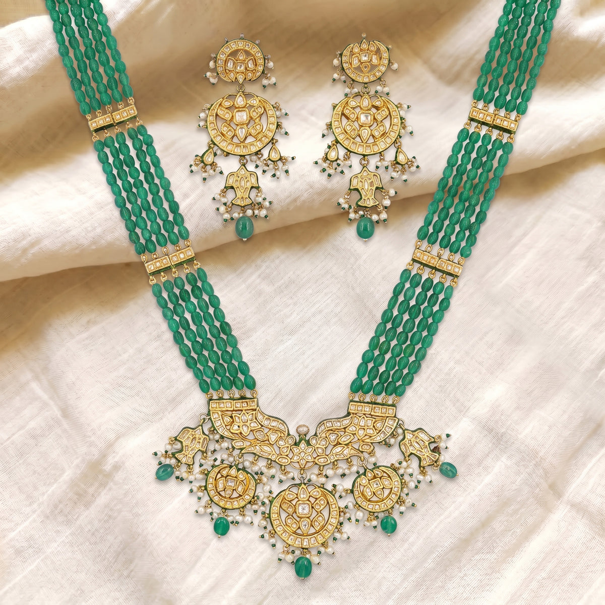 Emerald Green Kundan Meenakari Pearl Cascade Necklace Set