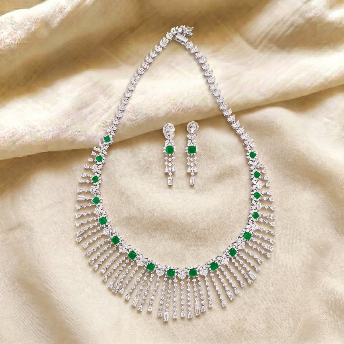 Emerald Elegance Diamond Fringe Necklace Set