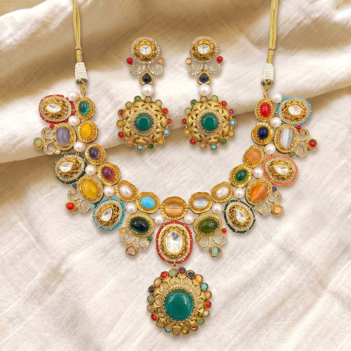 Navratna Kundan Emerald Medallion Necklace Set