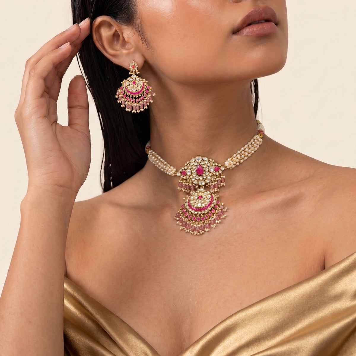 Rani Kundan Pearl Chandbali Necklace Set
