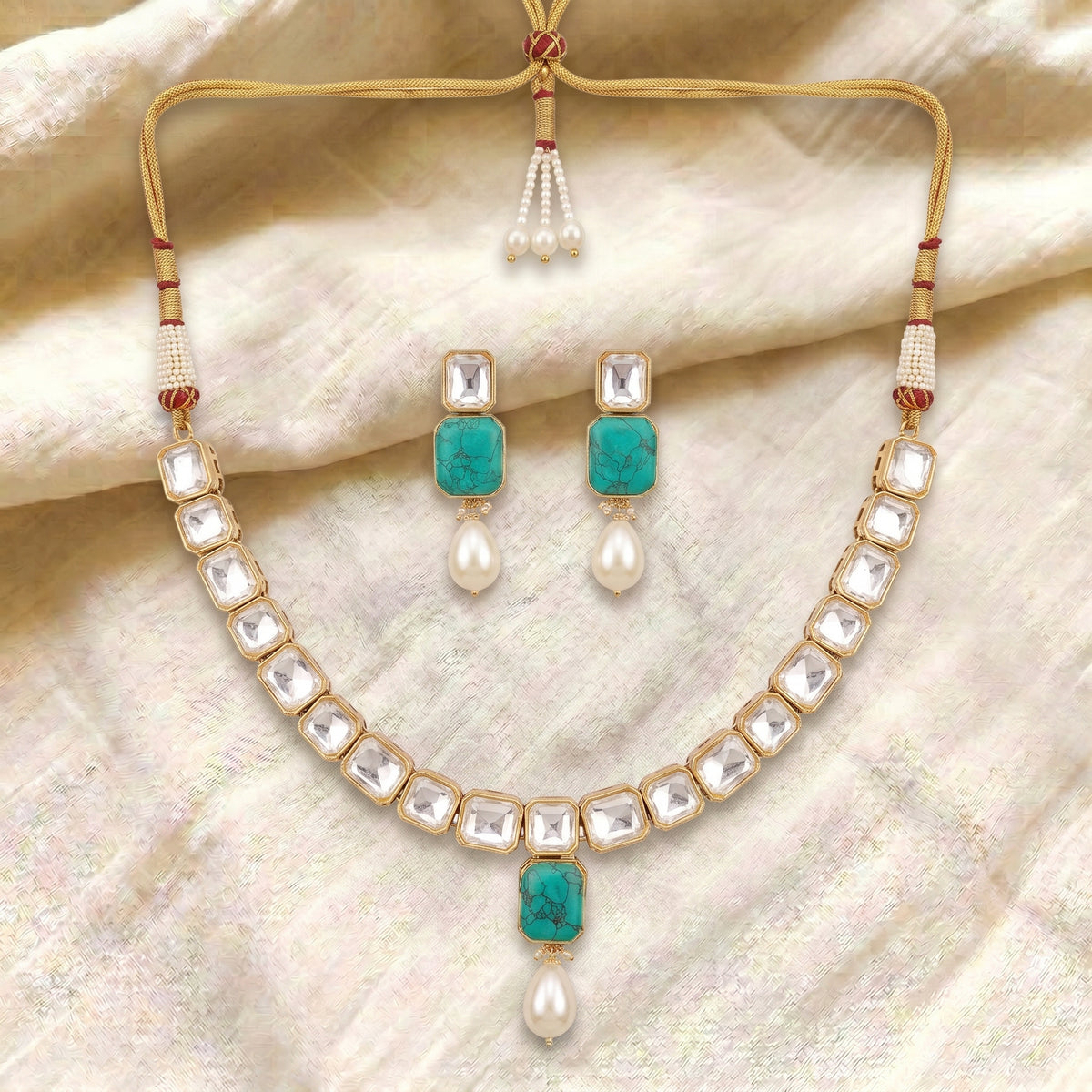 Turquoise Kundan Pearl Drop Necklace Set