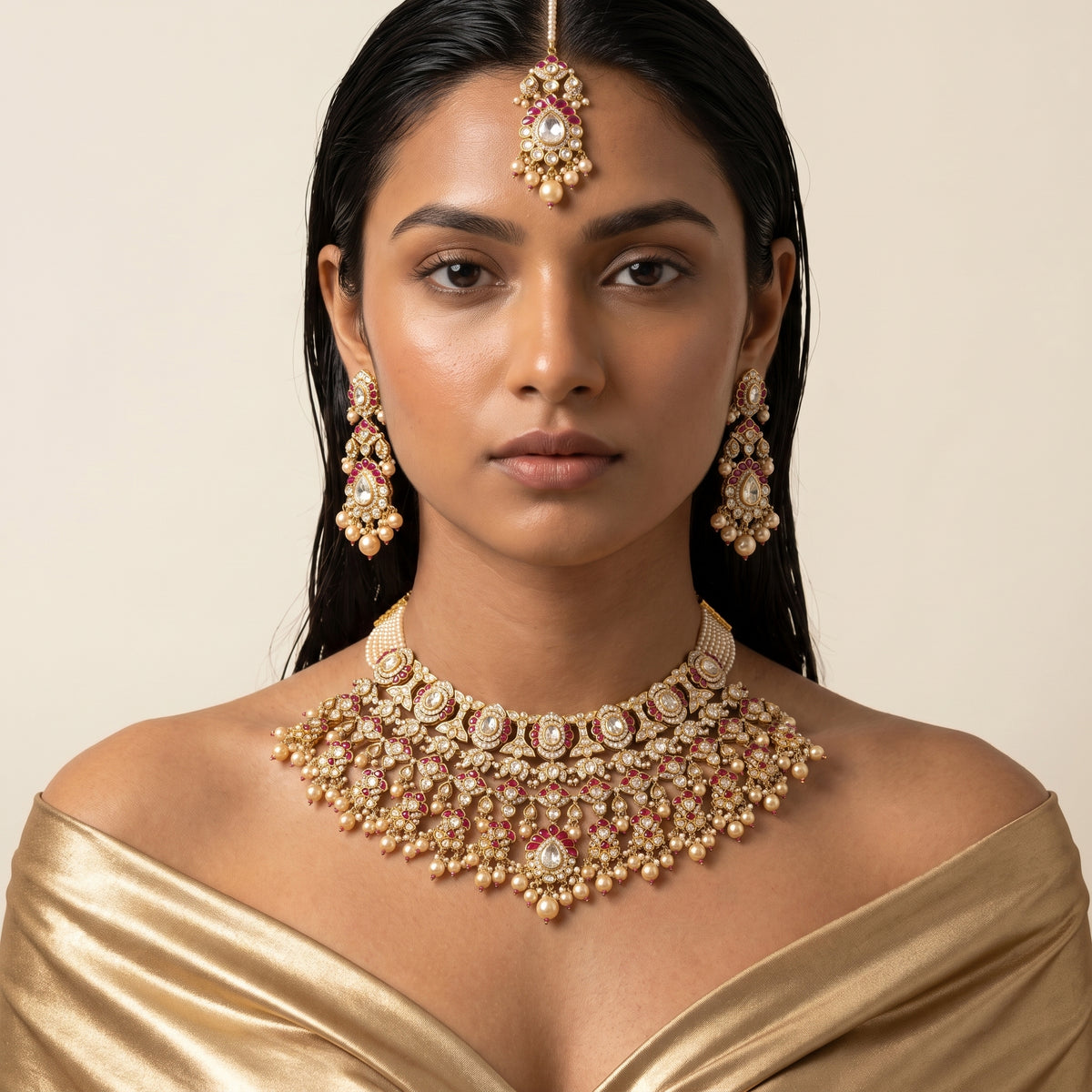 Gulnaar Ruby Kundan Pearl Bridal Necklace Set