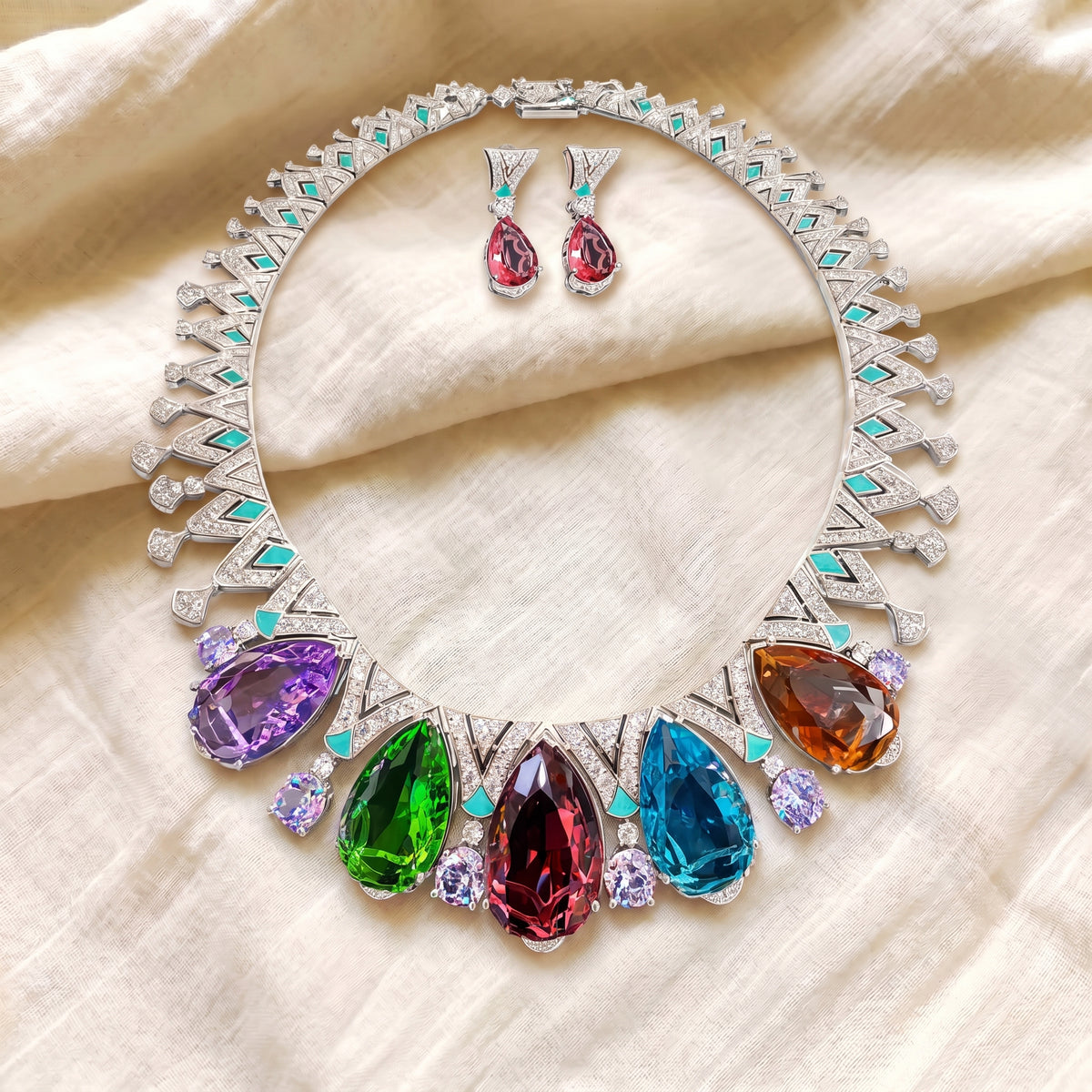 Aurora Multicolour Diamond Statement Necklace Set