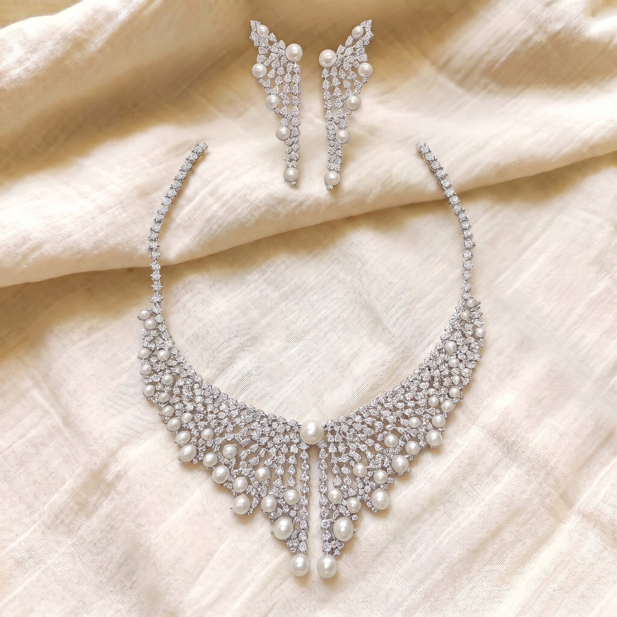 Aurelle Diamond Pearl Cascade Necklace Set