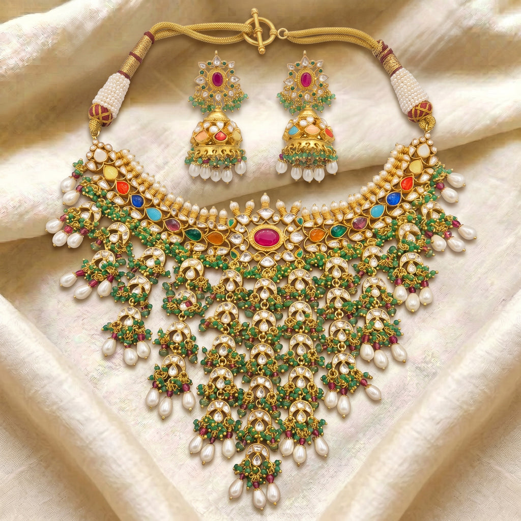 Navratna Kundan Pearl Cascade Bridal Necklace Set