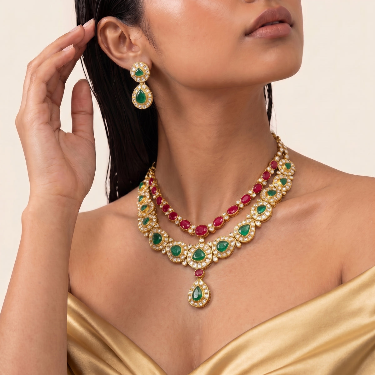 Maharani Ruby Emerald Kundan Layered Necklace Set