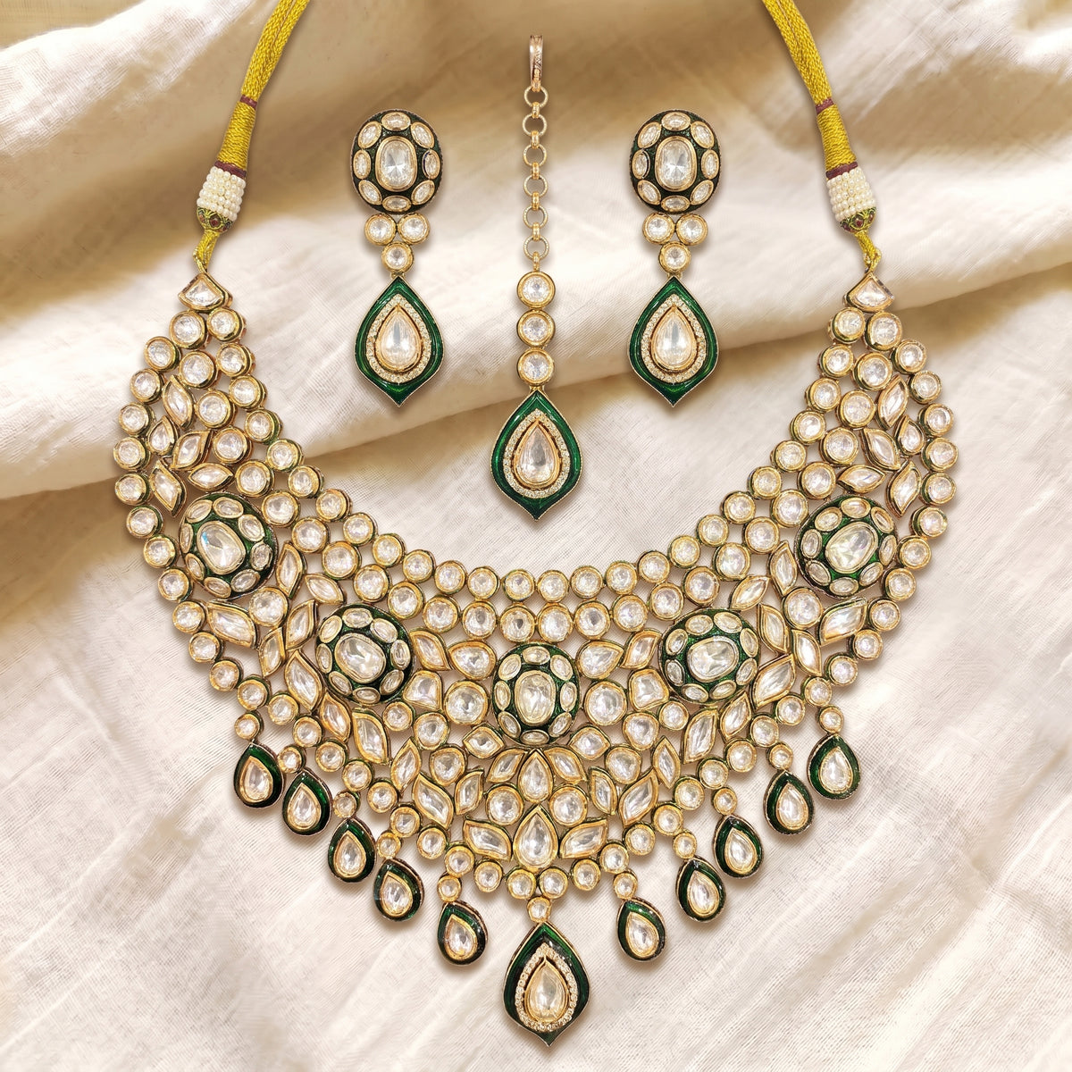 Emerald Kundan Royal Cascade Necklace Set