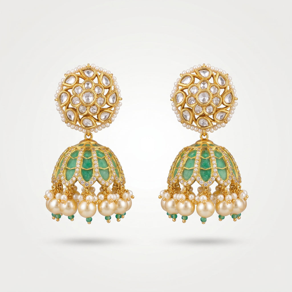 Emerald Meenakari Kundan Pearl Jhumka Earrings