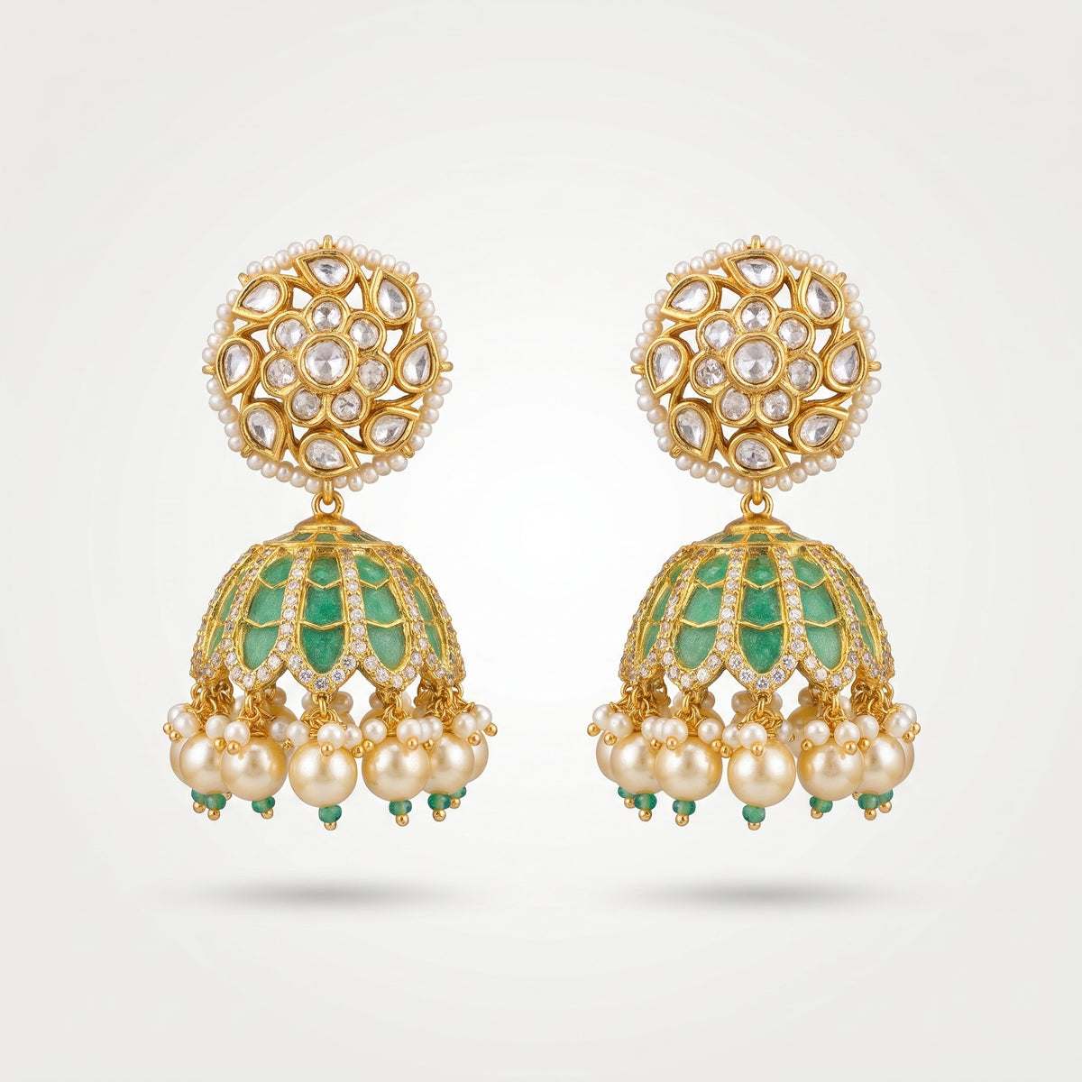 Emerald Meenakari Kundan Pearl Jhumka Earrings