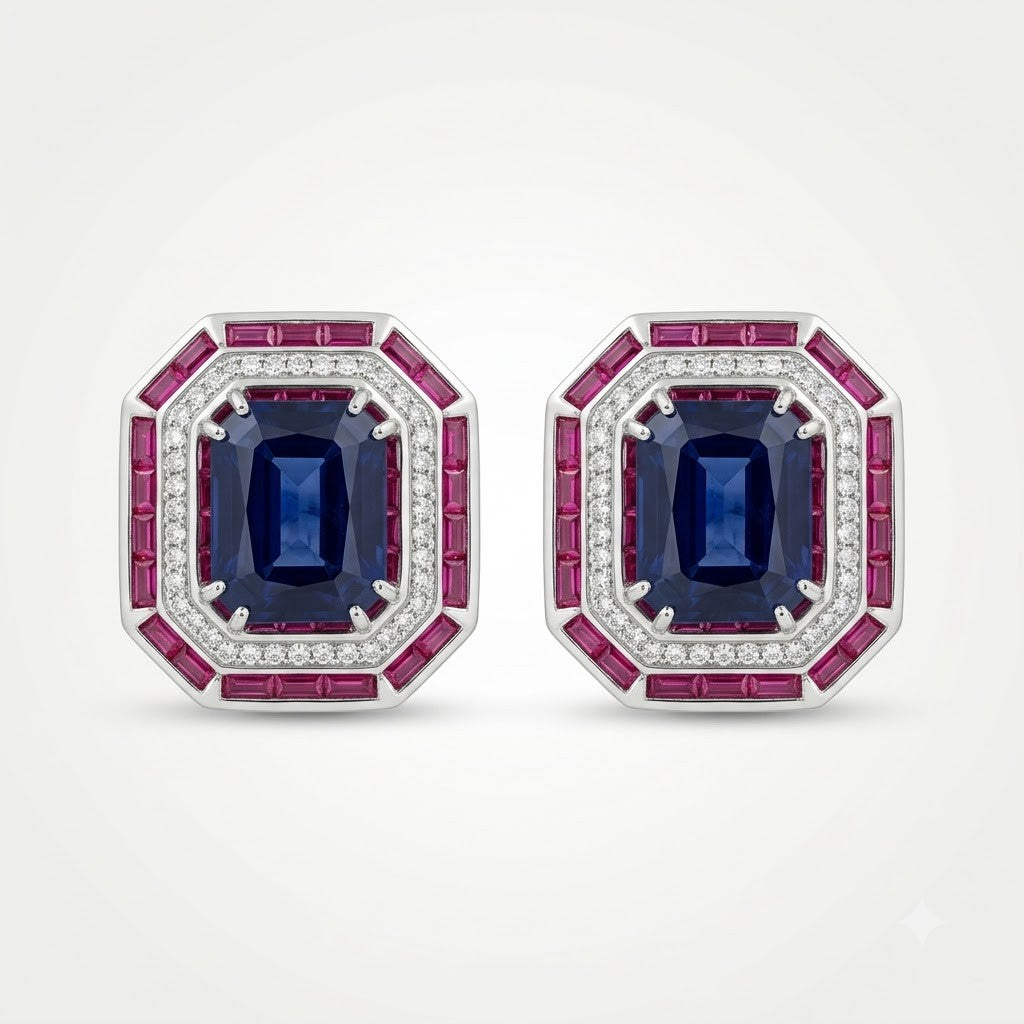 Royal Sapphire Ruby Halo Statement Stud Earrings