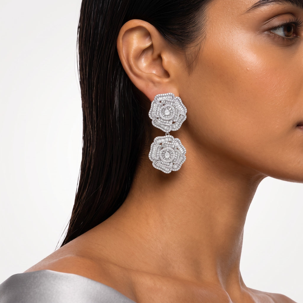 Rosette Diamond Statement Drop Earrings