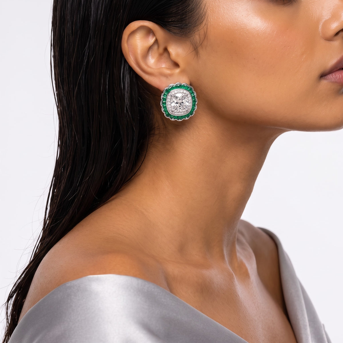 Emerald Diamond Scalloped Halo Stud Earrings