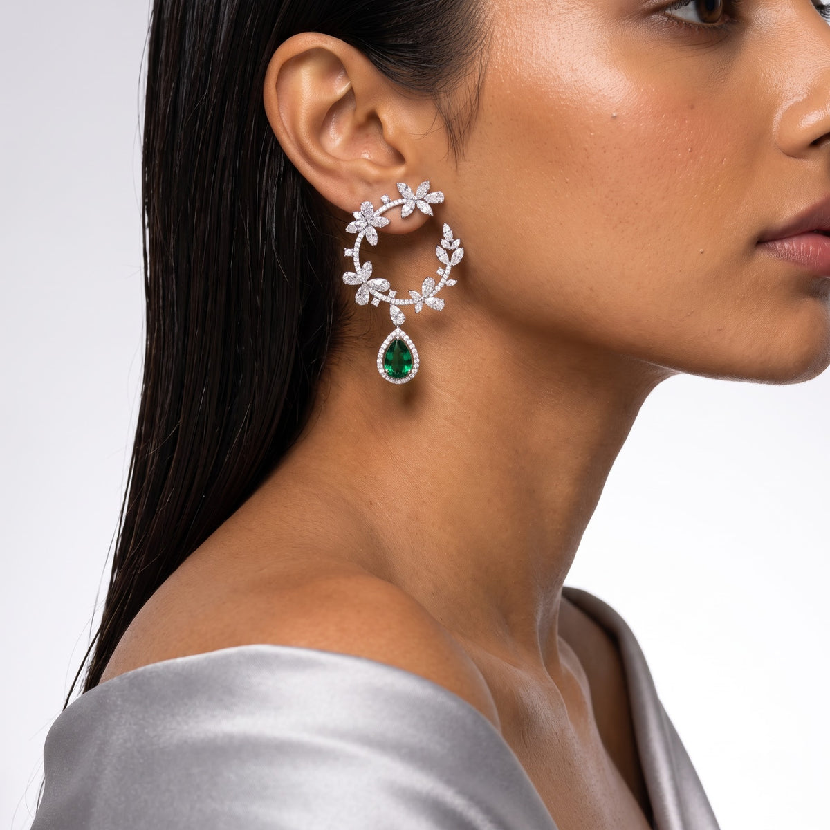 Emerald Bloom Diamond Floral Hoop Earrings